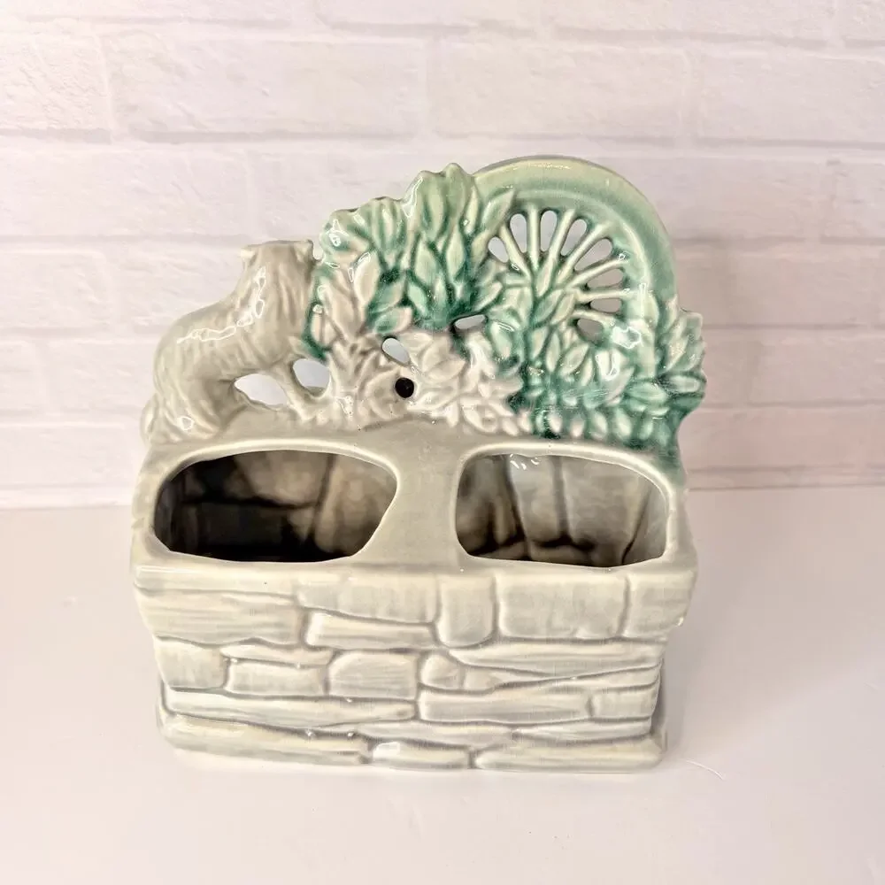Vintage McCoy Green Spinning Wheel Planter Scottie Dog w/String USA 1950'sm